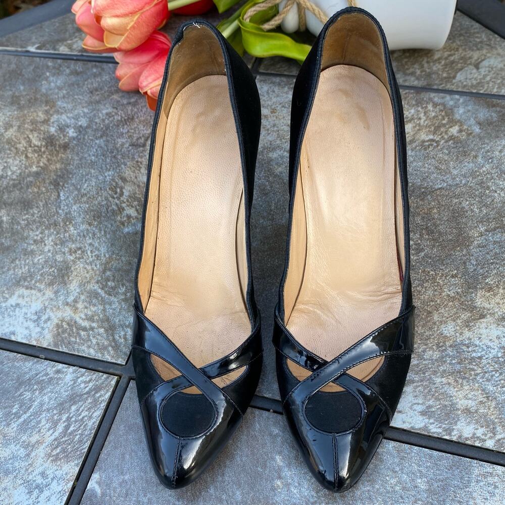 Fendi Black Satin & Patent Leather Stiletto Pumps Size 8.5 Luxury - Picture 4 of 9